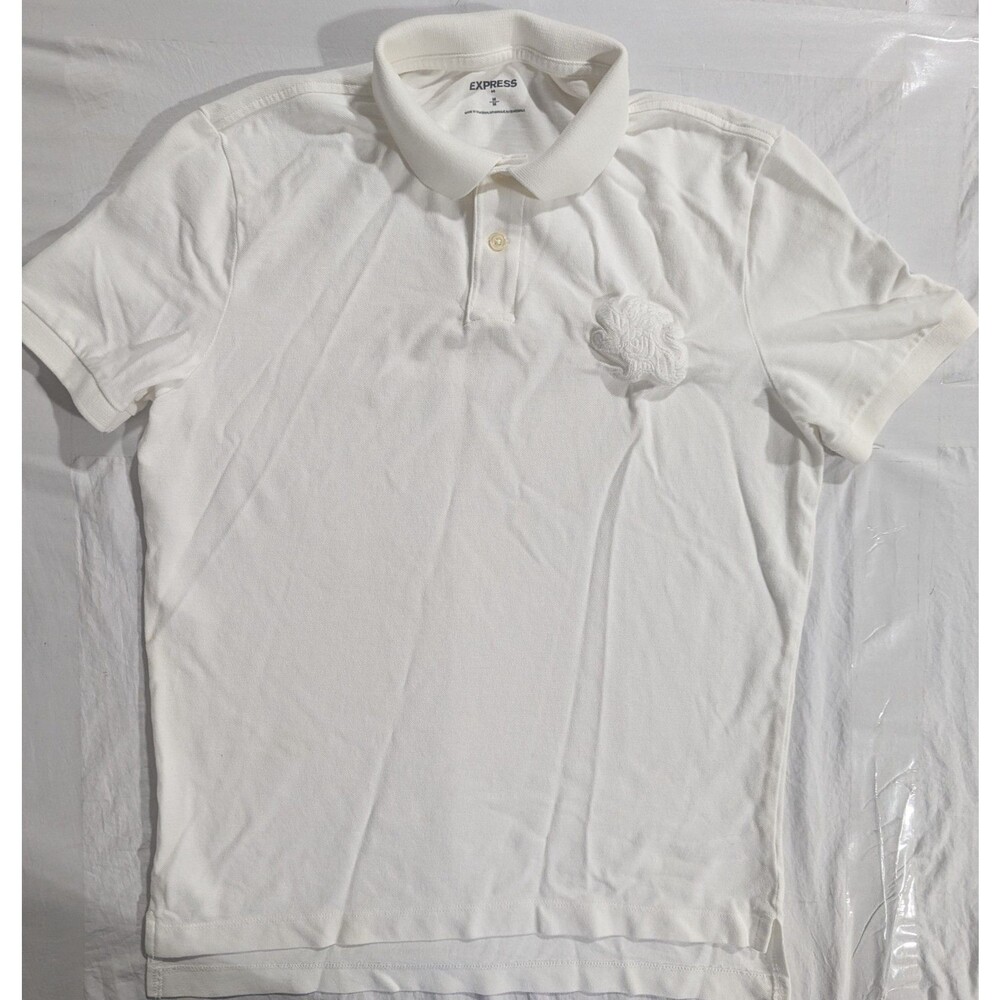 Express Men Pique Shirt M White Embroidered Logo Short Sleeve